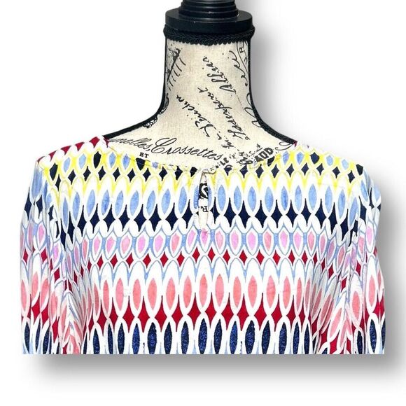 Talbots PL Blue White Pink Geometric Blouse Tie Sleeve Retro Mod Summer Top - Picture 5 of 8